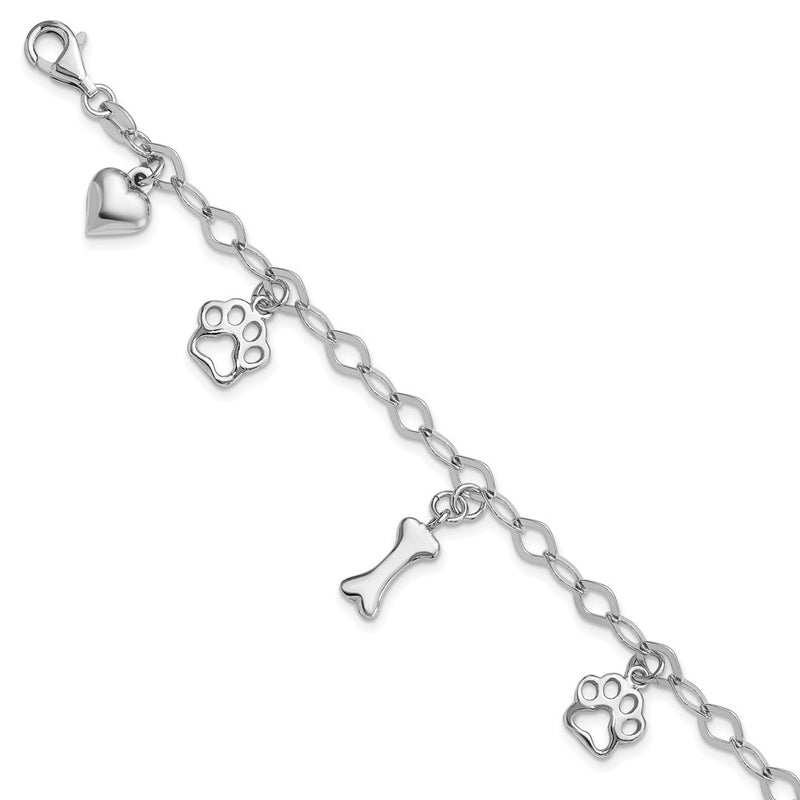 Sterling Silver Rhodium-Plated Dog Bone Paw Heart Charm 7.5in Bracelet