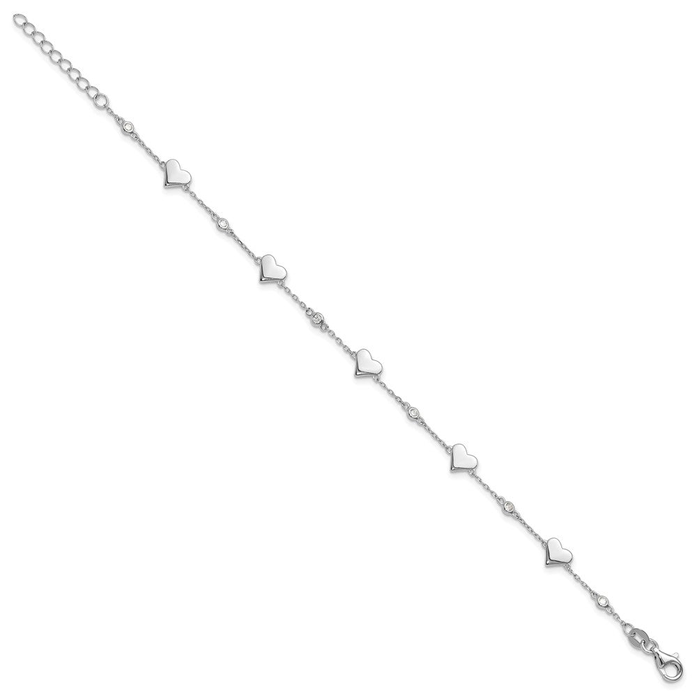 Sterling Silver Rhodium-Plated CZ Hearts 7in w/1in Ext. Bracelet