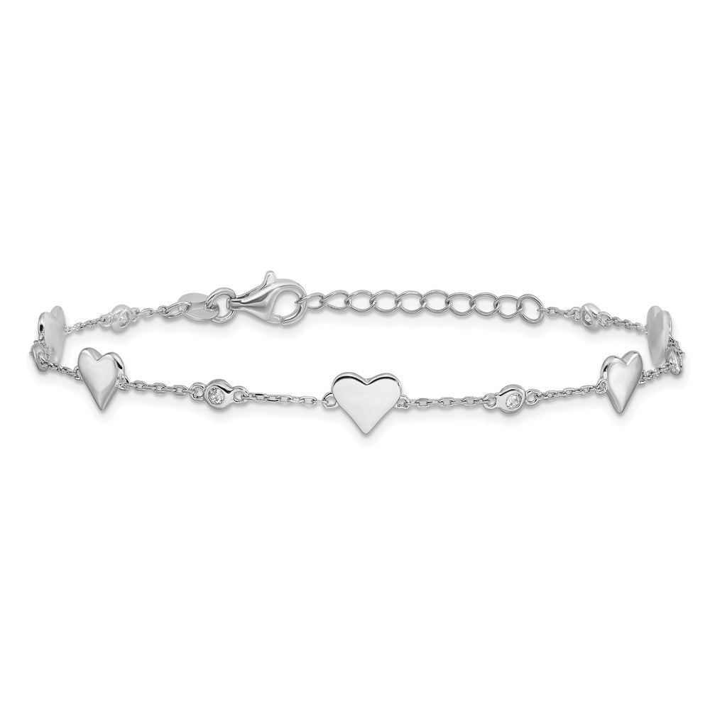 Sterling Silver Rhodium-Plated CZ Hearts 7in w/1in Ext. Bracelet