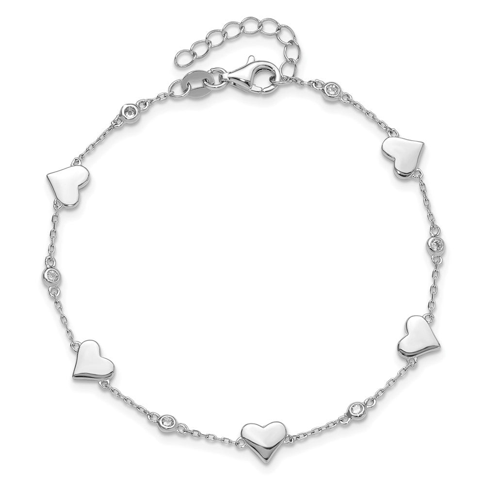 Sterling Silver Rhodium-Plated CZ Hearts 7in w/1in Ext. Bracelet