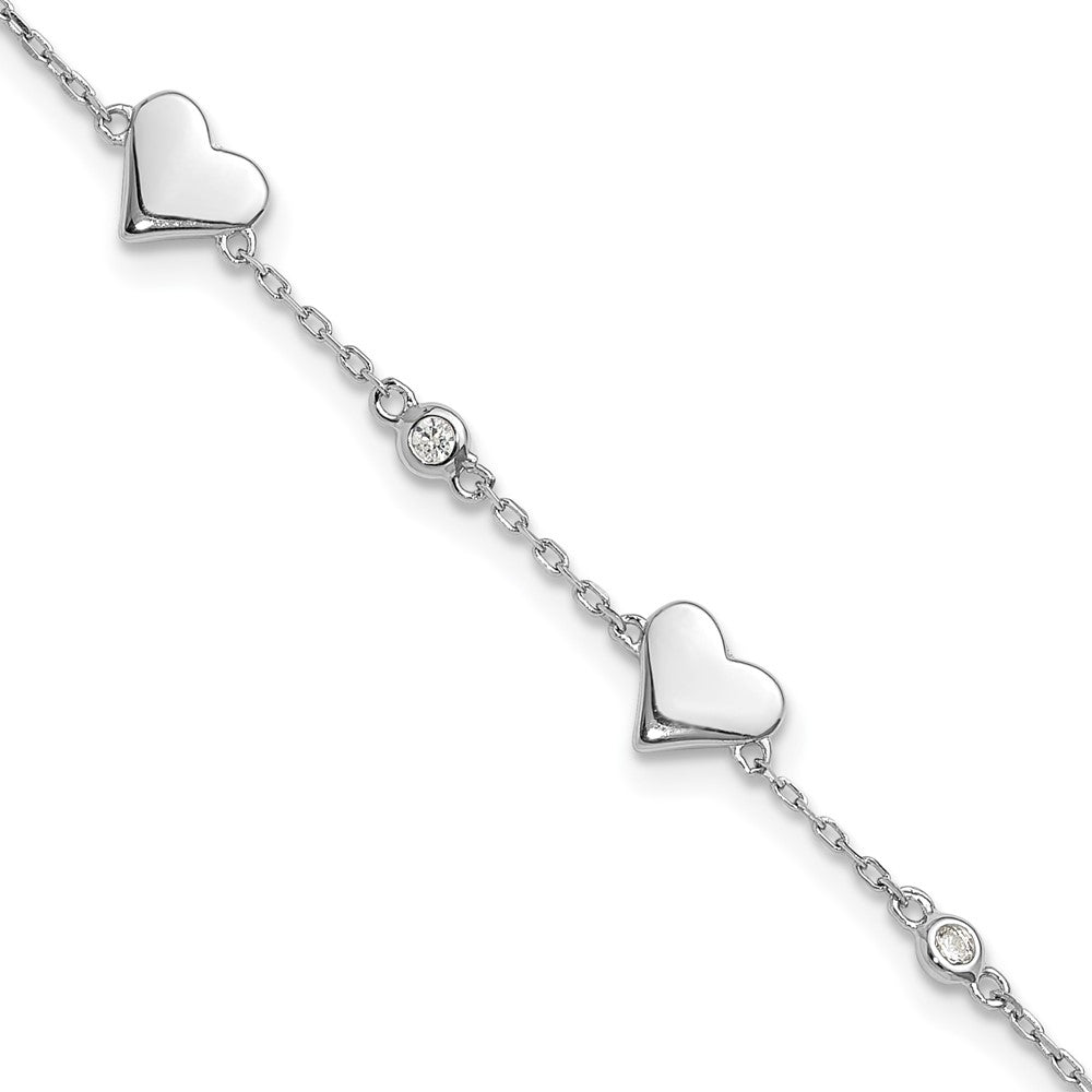 Sterling Silver Rhodium-Plated CZ Hearts 7in w/1in Ext. Bracelet