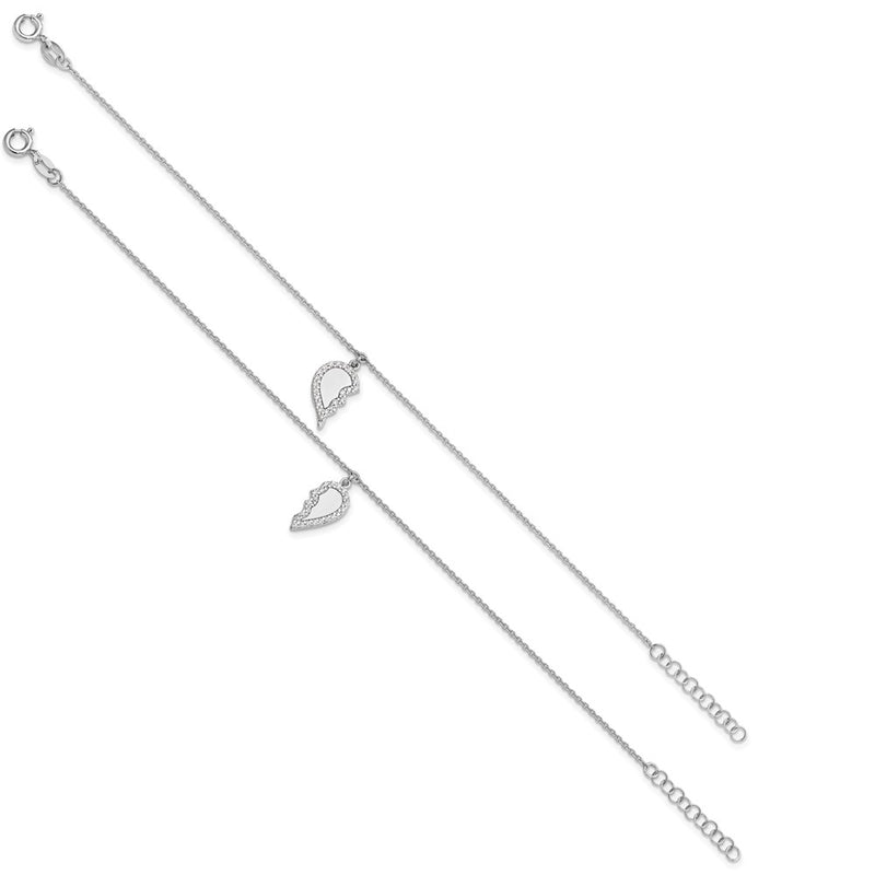 Sterling Silver Rhodium Plated CZ Half Heart 7.25in w/1 in Ext 2 Bracelet Set