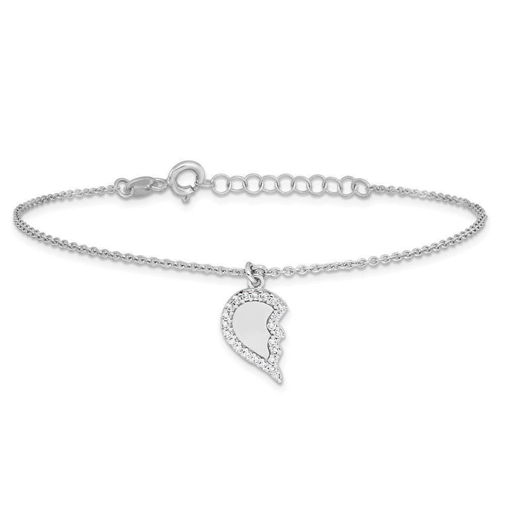 Sterling Silver Rhodium Plated CZ Half Heart 7.25in w/1 in Ext 2 Bracelet Set