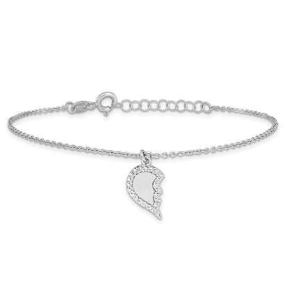 Sterling Silver Rhodium Plated CZ Half Heart 7.25in w/1 in Ext 2 Bracelet Set