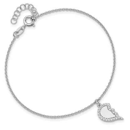 Sterling Silver Rhodium Plated CZ Half Heart 7.25in w/1 in Ext 2 Bracelet Set
