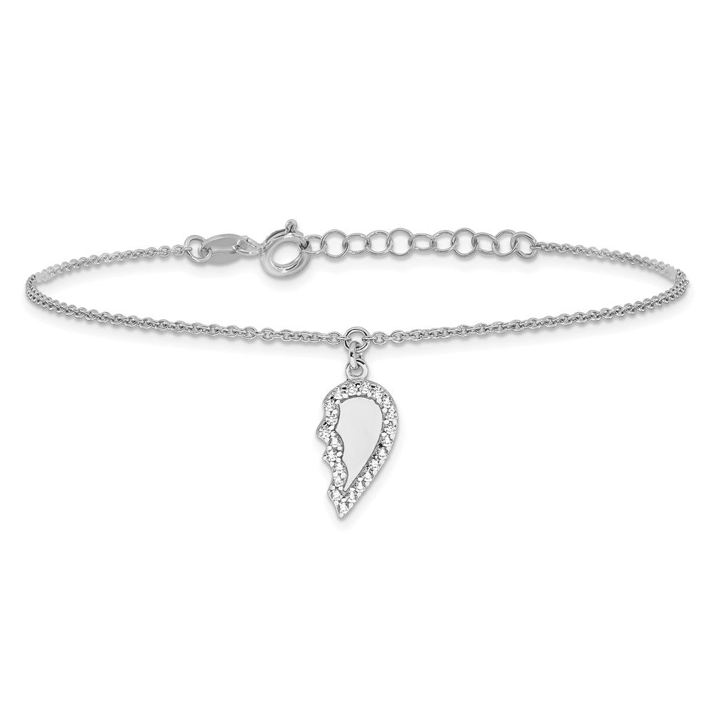 Sterling Silver Rhodium Plated CZ Half Heart 7.25in w/1 in Ext 2 Bracelet Set