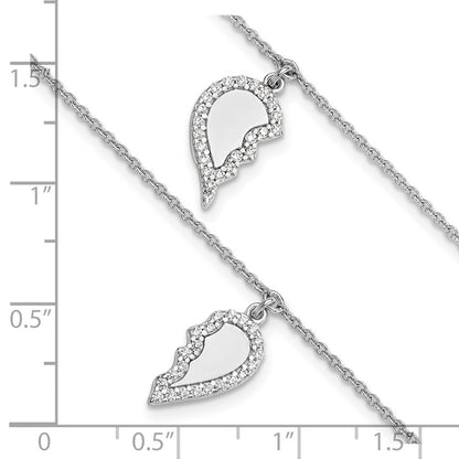 Sterling Silver Rhodium Plated CZ Half Heart 7.25in w/1 in Ext 2 Bracelet Set