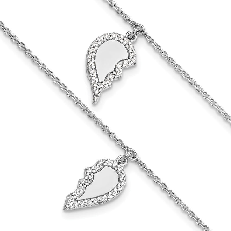 Sterling Silver Rhodium Plated CZ Half Heart 7.25in w/1 in Ext 2 Bracelet Set