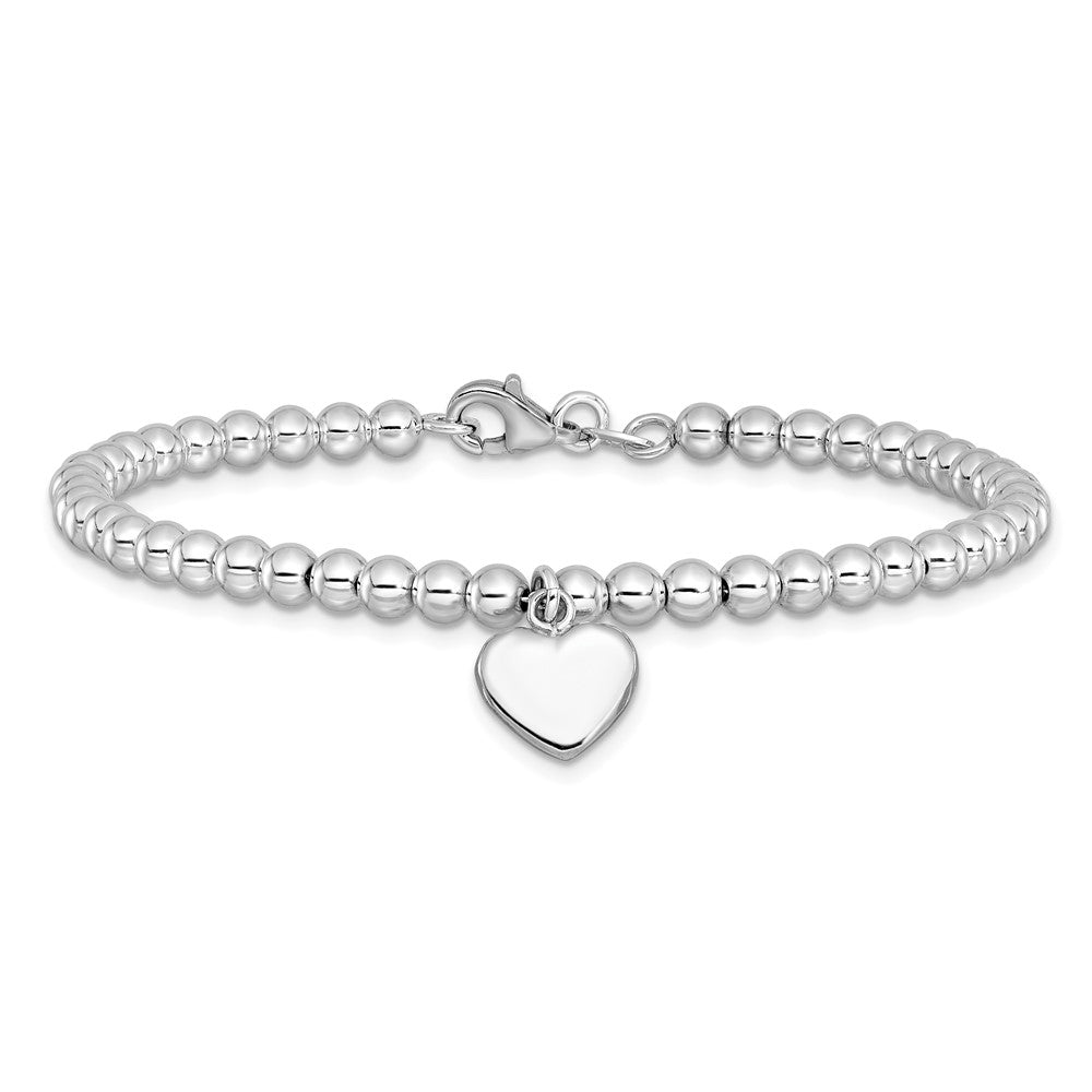 Sterling Silver Rhodium-Plated 4mm Beaded Dangle Heart 7.5in Bracelet