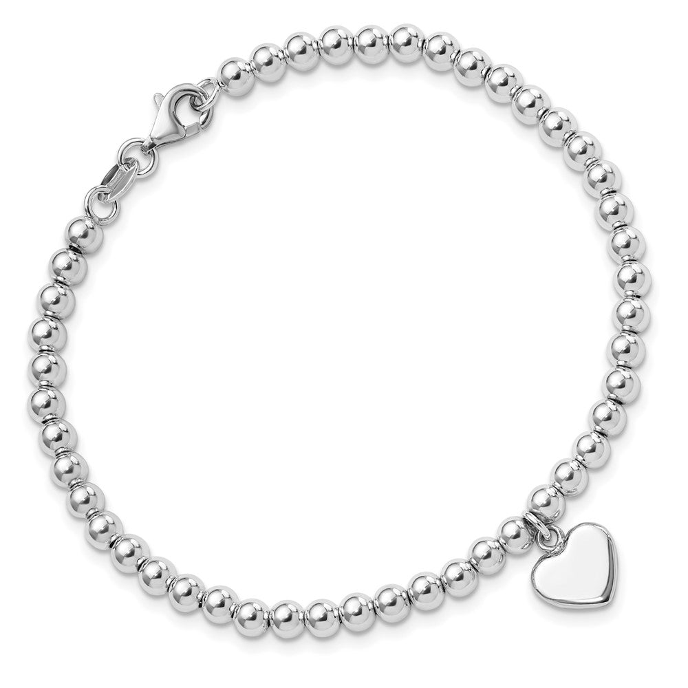 Sterling Silver Rhodium-Plated 4mm Beaded Dangle Heart 7.5in Bracelet