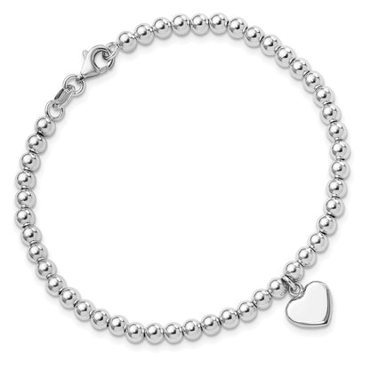 Sterling Silver Rhodium-Plated 4mm Beaded Dangle Heart 7.5in Bracelet