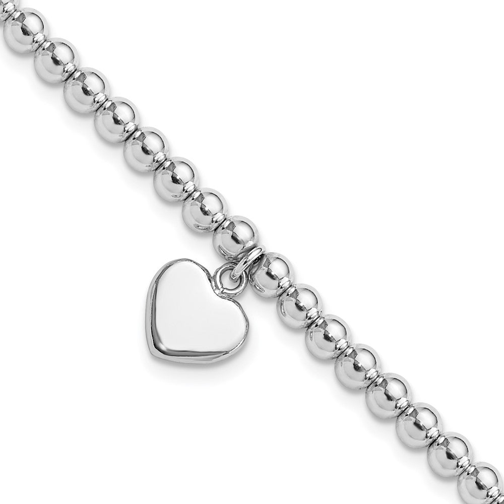 Sterling Silver Rhodium-Plated 4mm Beaded Dangle Heart 7.5in Bracelet