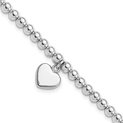 Sterling Silver Rhodium-Plated 4mm Beaded Dangle Heart 7.5in Bracelet