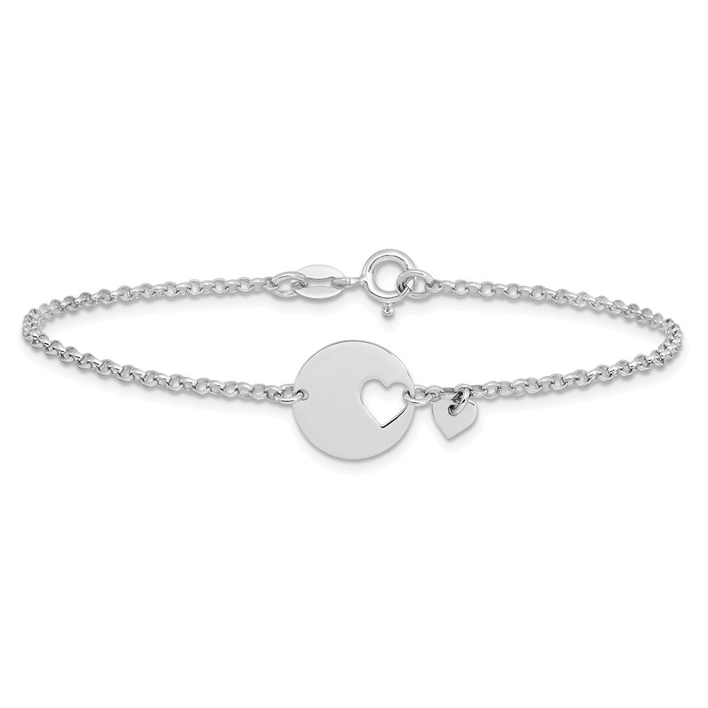 Sterling Silver Rhodium-Plated Heart and Cut Out Disc 7.5in Bracelet