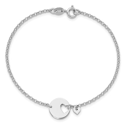 Sterling Silver Rhodium-Plated Heart and Cut Out Disc 7.5in Bracelet
