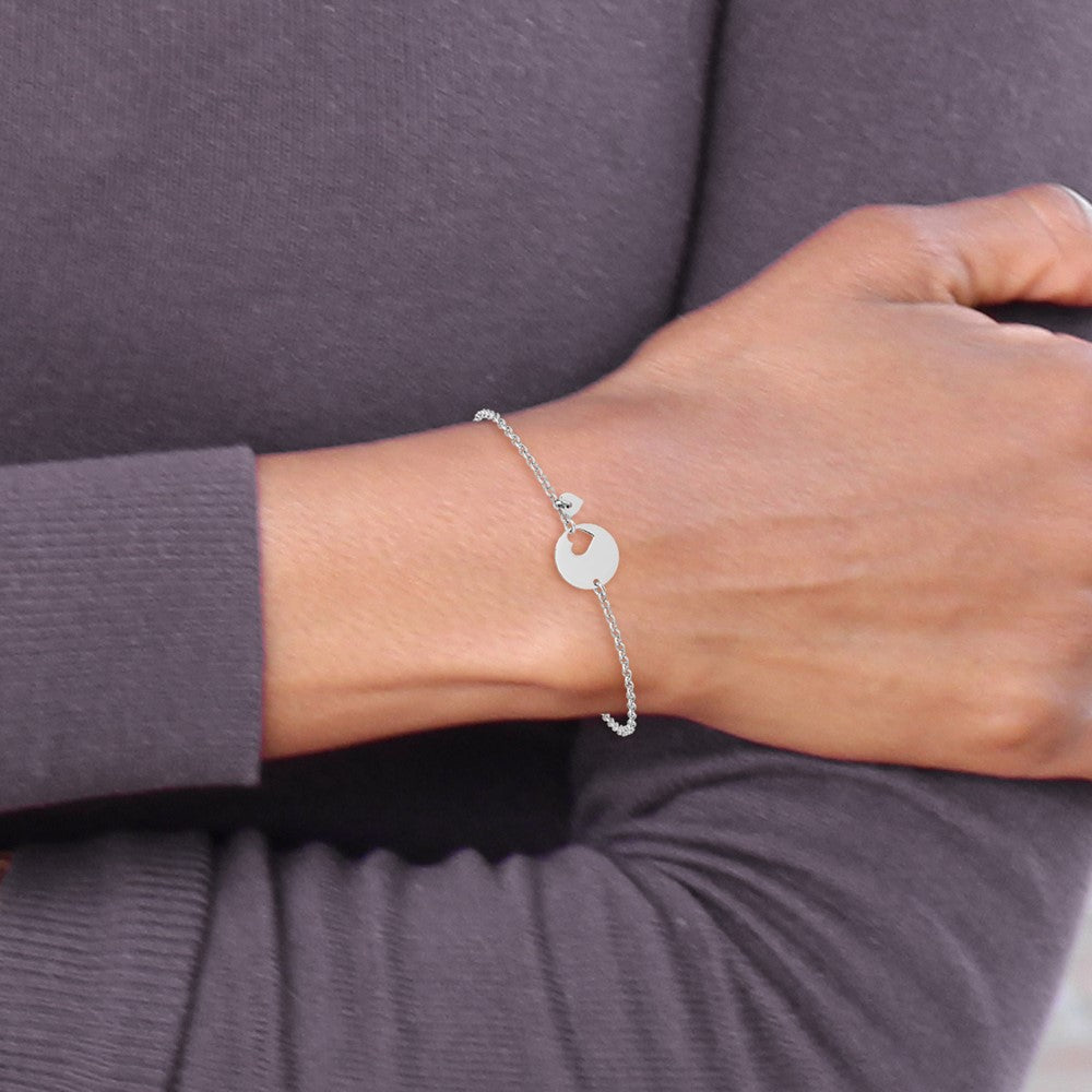 Sterling Silver Rhodium-Plated Heart and Cut Out Disc 7.5in Bracelet