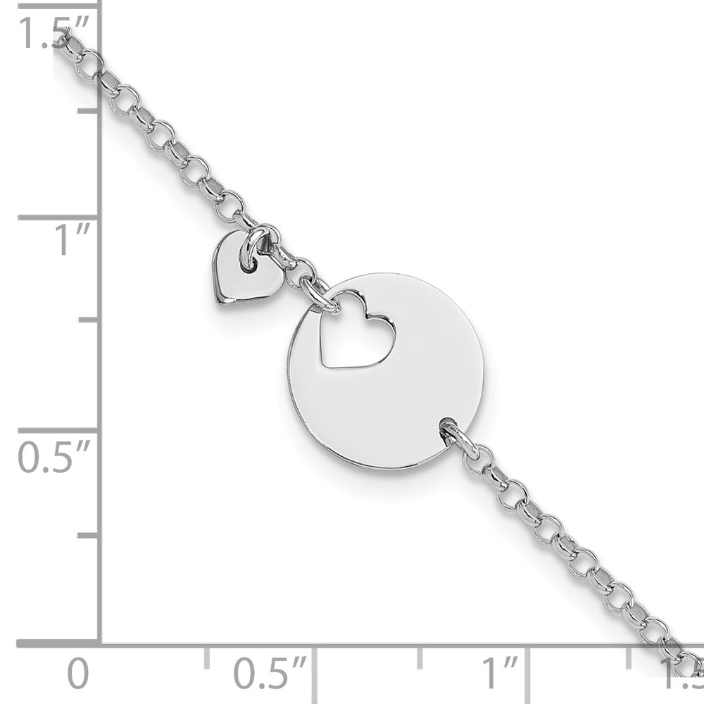 Sterling Silver Rhodium-Plated Heart and Cut Out Disc 7.5in Bracelet
