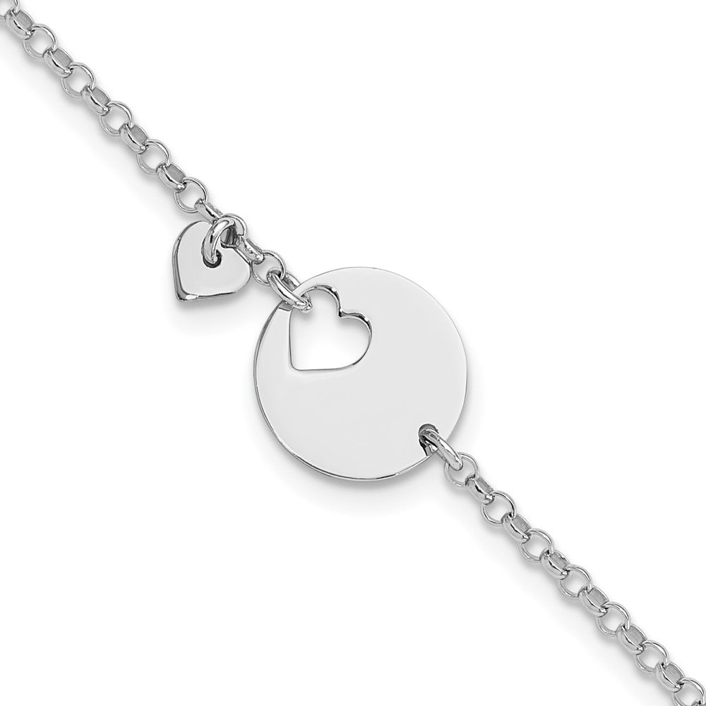 Sterling Silver Rhodium-Plated Heart and Cut Out Disc 7.5in Bracelet