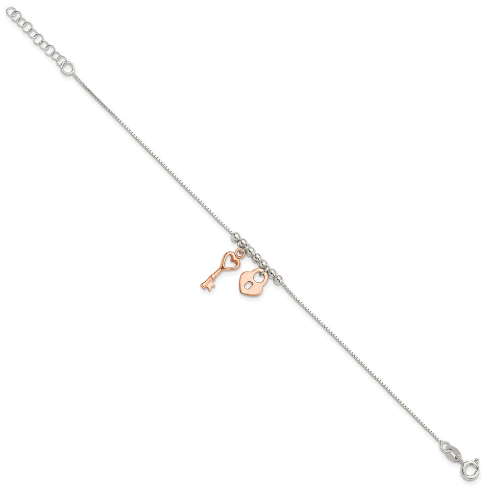 Sterling Silver W/rose-Tone Lock and Key Beaded 7in w/1in Ext. Bracelet