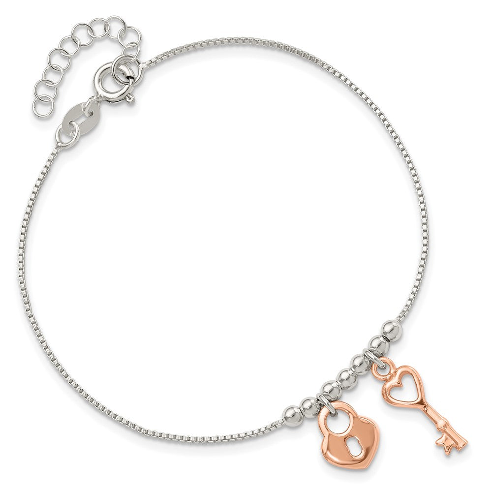 Sterling Silver W/rose-Tone Lock and Key Beaded 7in w/1in Ext. Bracelet