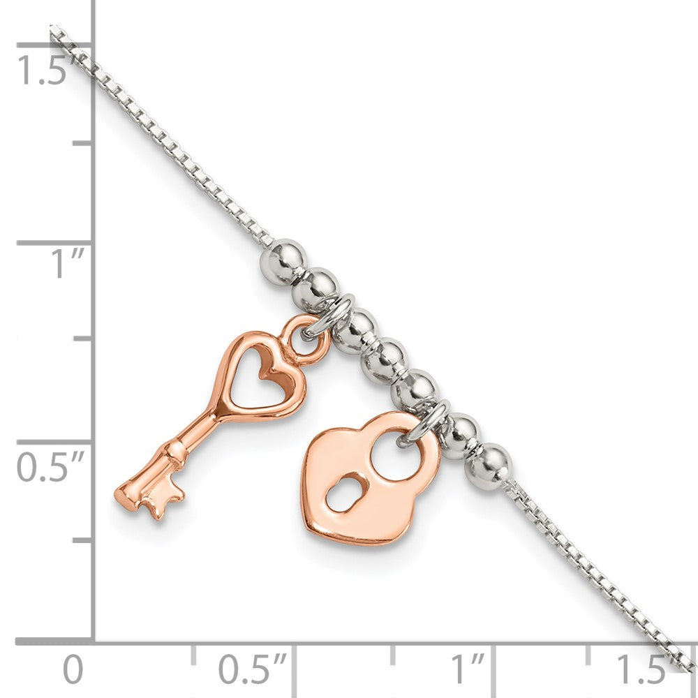 Sterling Silver W/rose-Tone Lock and Key Beaded 7in w/1in Ext. Bracelet