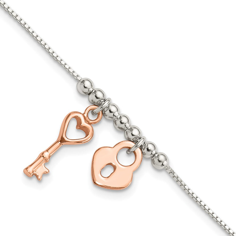 Sterling Silver W/rose-Tone Lock and Key Beaded 7in w/1in Ext. Bracelet