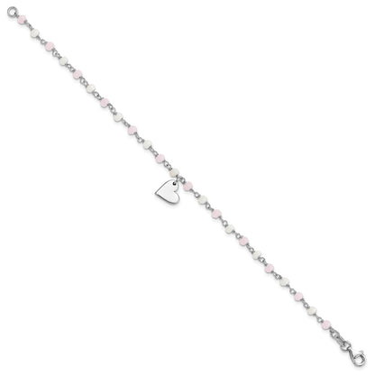 Sterling Silver Rhodium Plated Heart Pink/white Glass Beads 7.5in Bracelet