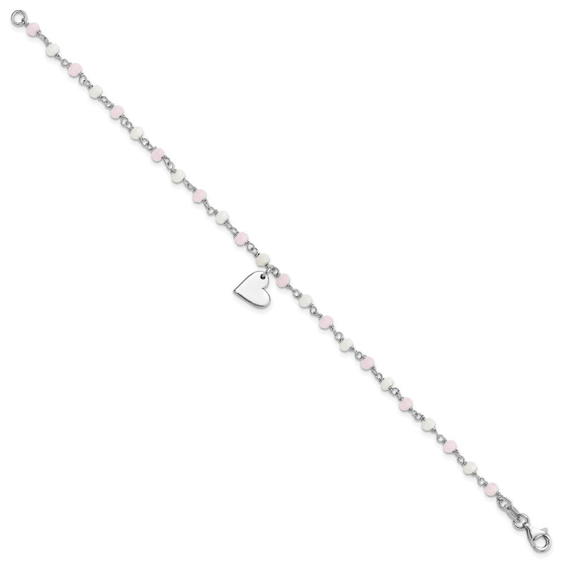 Sterling Silver Rhodium Plated Heart Pink/white Glass Beads 7.5in Bracelet