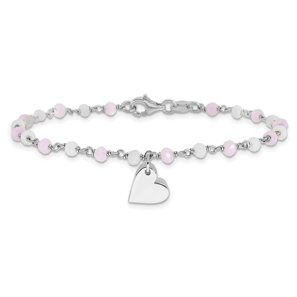 Sterling Silver Rhodium Plated Heart Pink/white Glass Beads 7.5in Bracelet