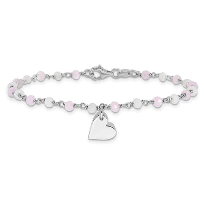 Sterling Silver Rhodium Plated Heart Pink/white Glass Beads 7.5in Bracelet