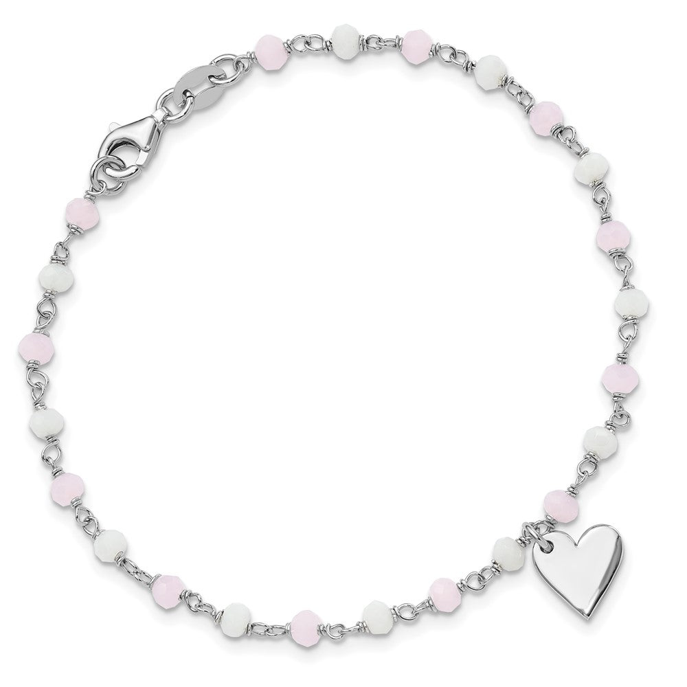Sterling Silver Rhodium Plated Heart Pink/white Glass Beads 7.5in Bracelet