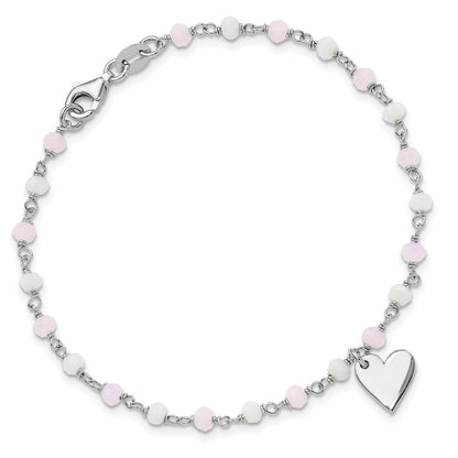 Sterling Silver Rhodium Plated Heart Pink/white Glass Beads 7.5in Bracelet