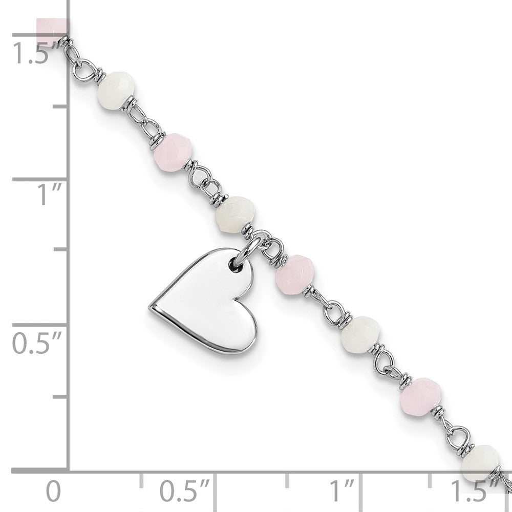 Sterling Silver Rhodium Plated Heart Pink/white Glass Beads 7.5in Bracelet