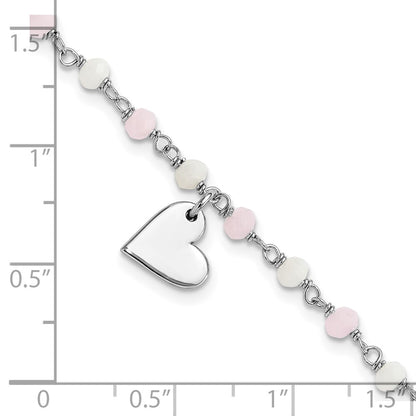 Sterling Silver Rhodium Plated Heart Pink/white Glass Beads 7.5in Bracelet
