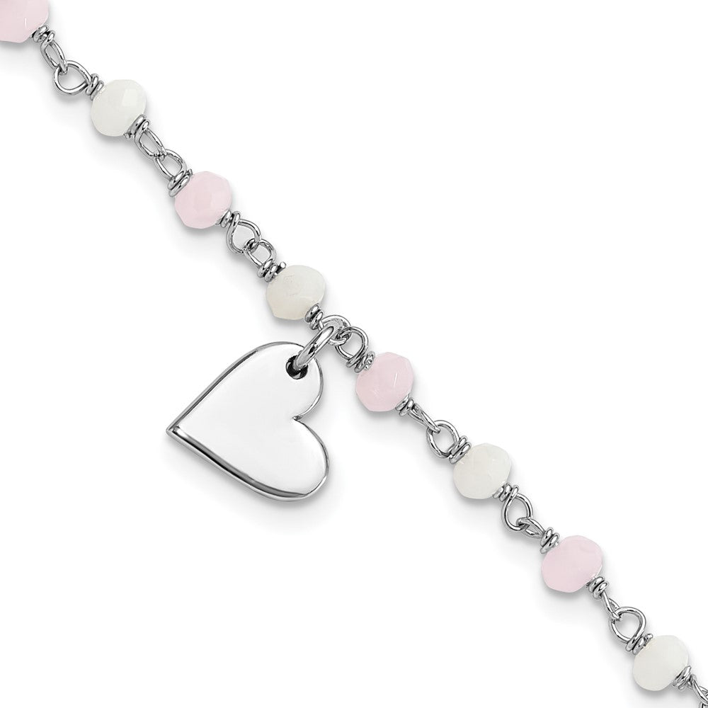 Sterling Silver Rhodium Plated Heart Pink/white Glass Beads 7.5in Bracelet