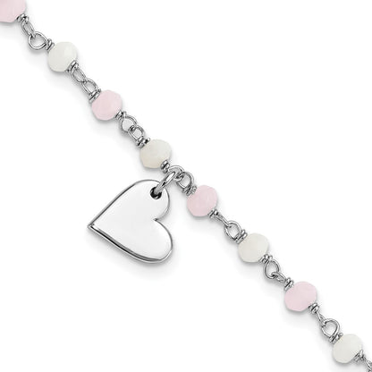 Sterling Silver Rhodium Plated Heart Pink/white Glass Beads 7.5in Bracelet