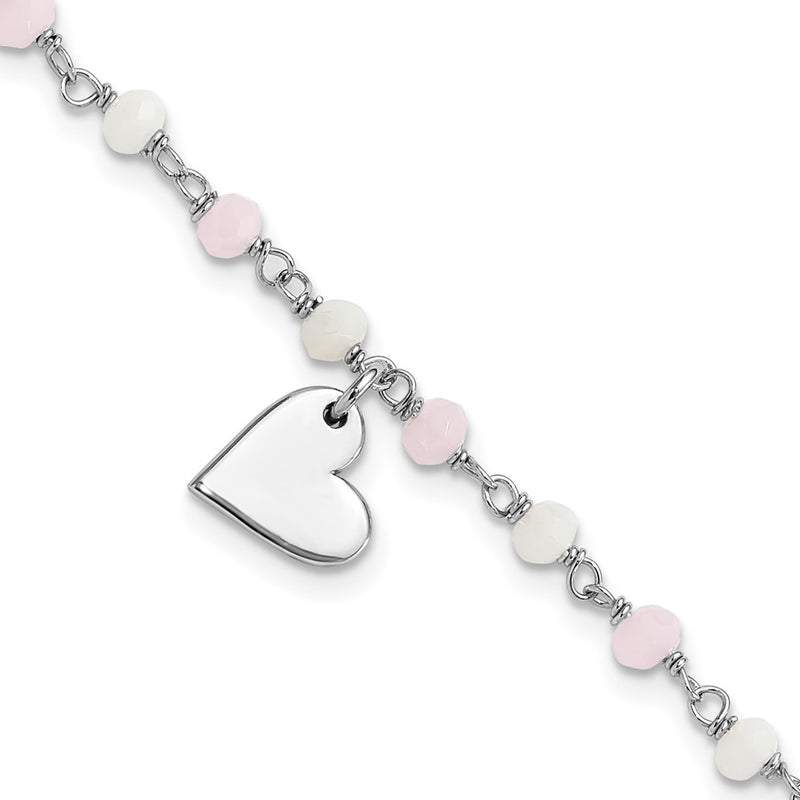 Sterling Silver Rhodium Plated Heart Pink/white Glass Beads 7.5in Bracelet