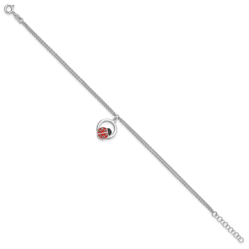 Sterling Silver Rhod-Pltd Enamel Ladybug on Ring 7.25in w/1in Ext Bracelet