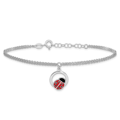 Sterling Silver Rhod-Pltd Enamel Ladybug on Ring 7.25in w/1in Ext Bracelet