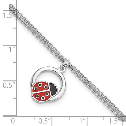 Sterling Silver Rhod-Pltd Enamel Ladybug on Ring 7.25in w/1in Ext Bracelet