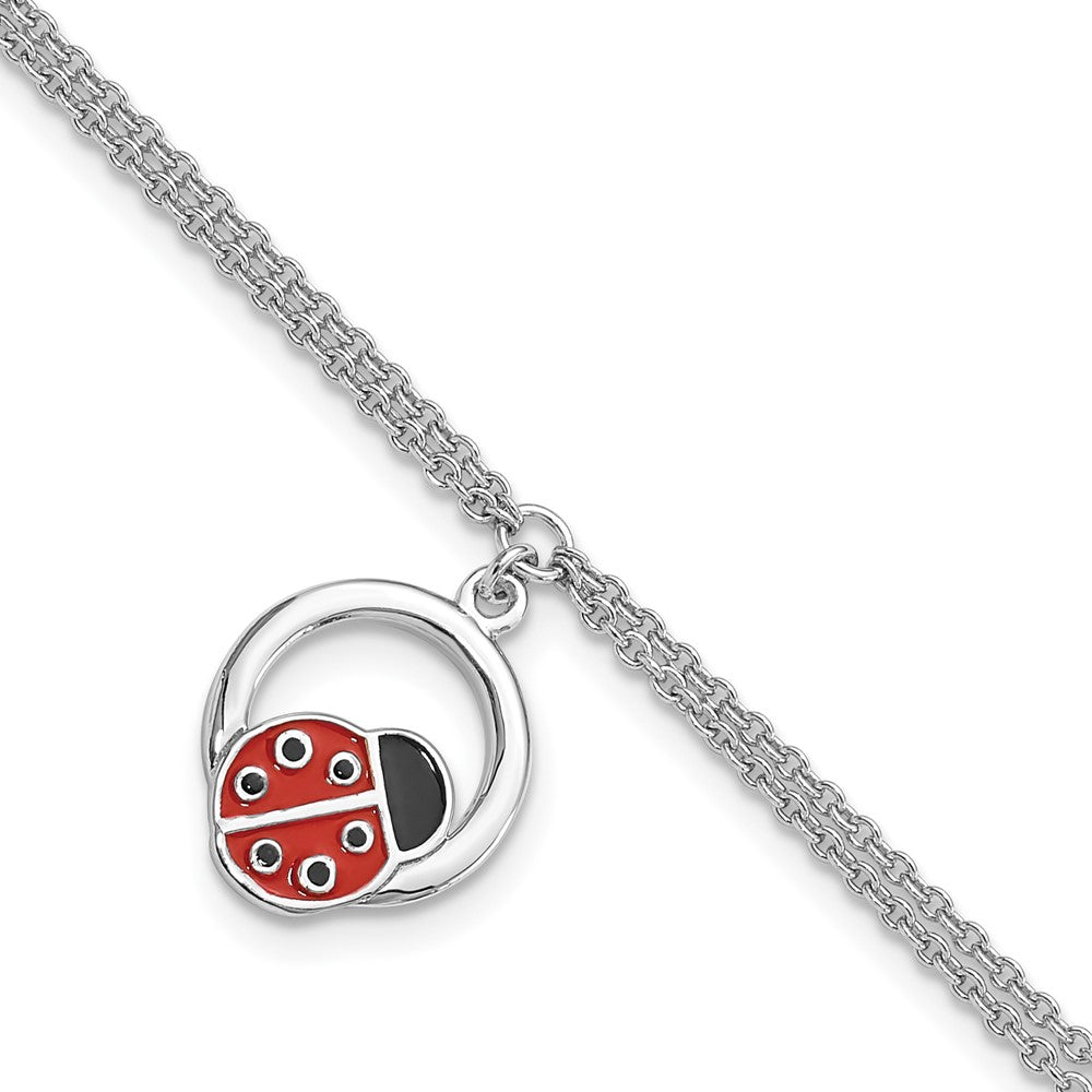 Sterling Silver Rhod-Pltd Enamel Ladybug on Ring 7.25in w/1in Ext Bracelet