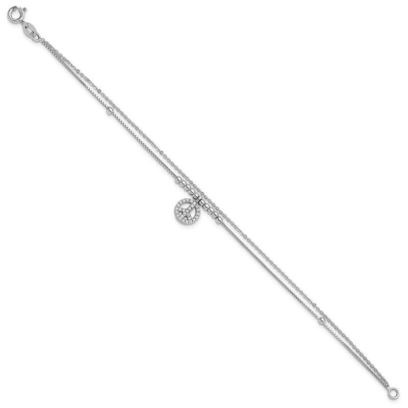 Sterling Silver Rhodium-Plated CZ Peace Sign Beaded 7.5in Bracelet