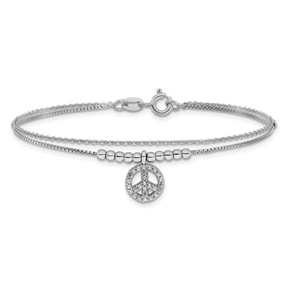 Sterling Silver Rhodium-Plated CZ Peace Sign Beaded 7.5in Bracelet