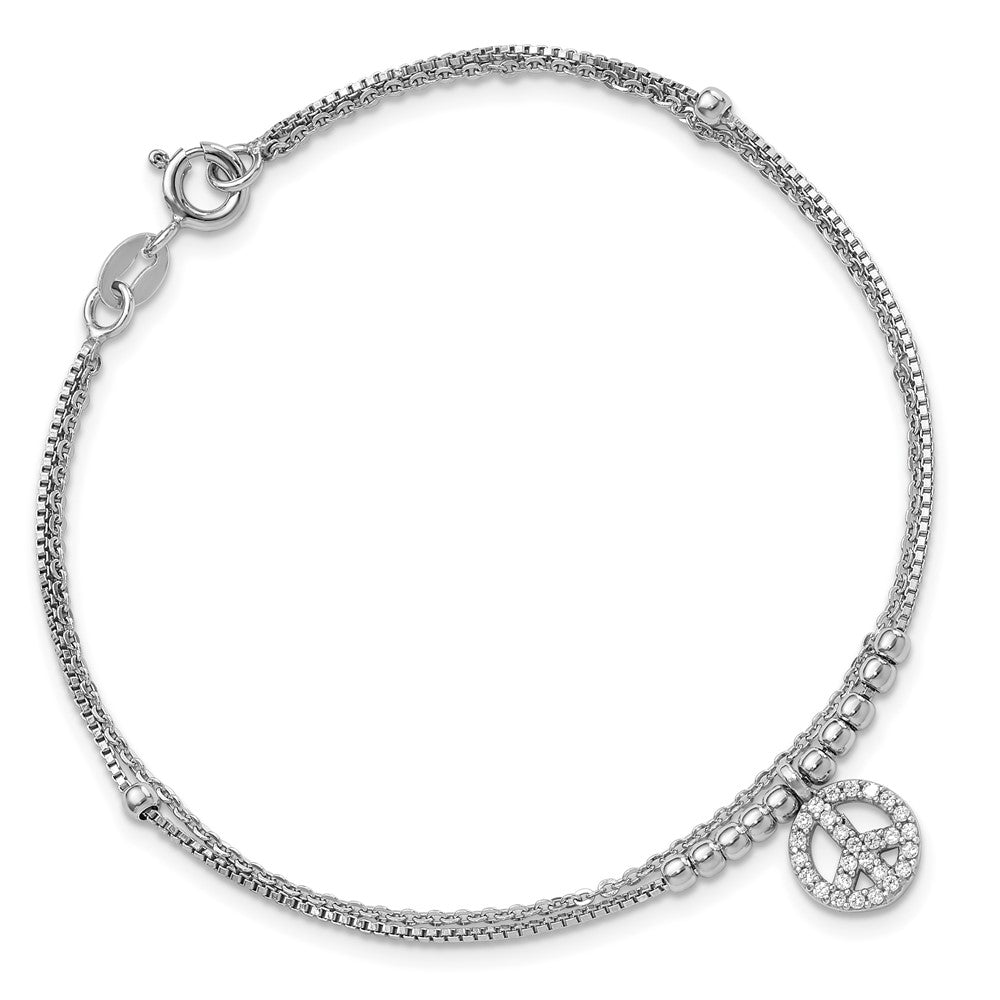 Sterling Silver Rhodium-Plated CZ Peace Sign Beaded 7.5in Bracelet