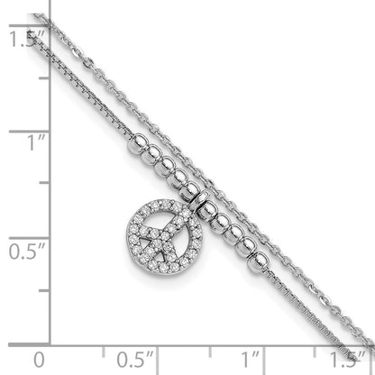 Sterling Silver Rhodium-Plated CZ Peace Sign Beaded 7.5in Bracelet