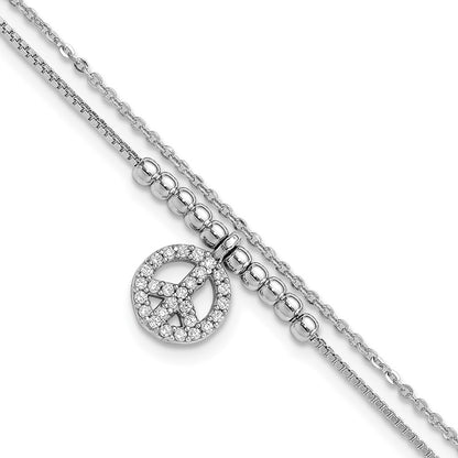 Sterling Silver Rhodium-Plated CZ Peace Sign Beaded 7.5in Bracelet