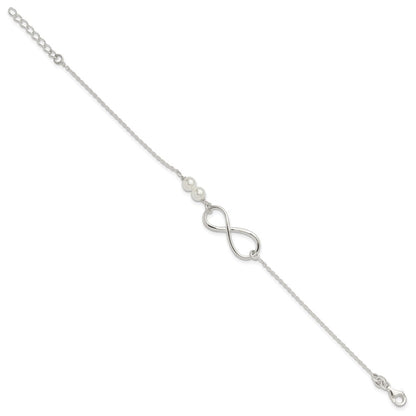 Sterling Silver Polished Simulated Pearls and Infinity with 1in Ext Bracele