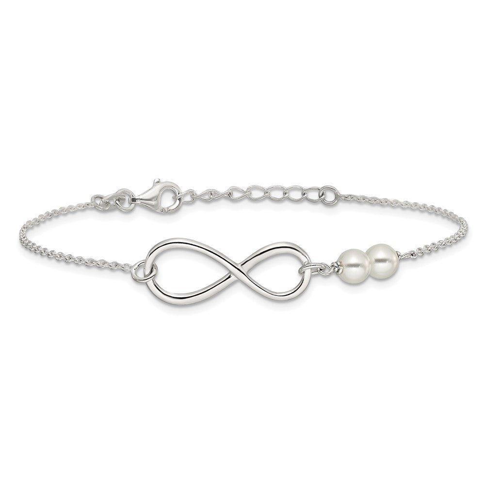 Sterling Silver Polished Simulated Pearls and Infinity with 1in Ext Bracele
