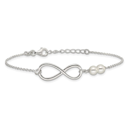 Sterling Silver Polished Simulated Pearls and Infinity with 1in Ext Bracele