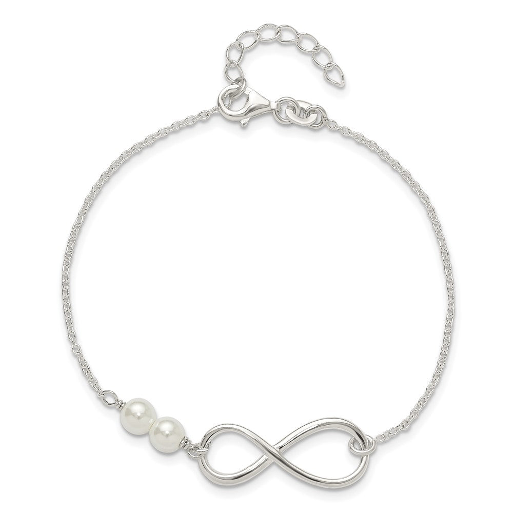 Sterling Silver Polished Simulated Pearls and Infinity with 1in Ext Bracele